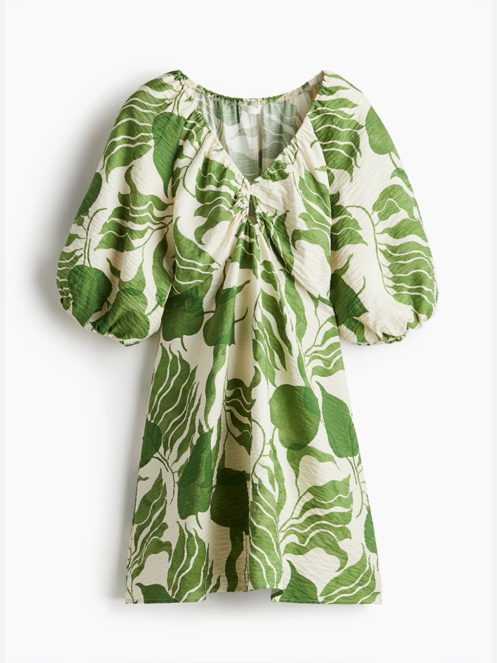 Green Leaf Print Puff Sleeve Mini Dress H&M